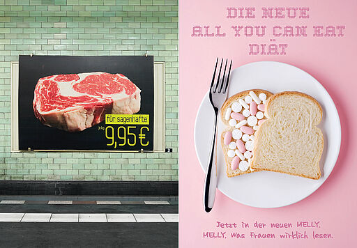Deutsch – Bildbeschreibung (SEO / Metadaten) Plakatkombination im U-Bahnhof Samariterstraße als Teil des Kunstprojekts „Ey Werbung, was ist los?“. Vor der grünen U-Bahn-Wand ist ein übergroßes Steak im Format von etwa drei mal zwei Metern zu sehen, versehen mit der Preisangabe „Jetzt für sagenhafte 9,95“, ohne weitere Erläuterung. Rechts daneben eine gefälschte Magazinwerbung mit dem Titel „Die neue All-you-can-eat-Diät“, dargestellt durch einen Teller mit Toastbrot und Pillen. Darunter der Hinweis „Jetzt in der neuen Melli Melli – was Frauen wirklich lesen“. Die Motive spielen mit Essens-, Konsum- und Medienklischees im öffentlichen Raum. ⸻ English – Image description (SEO / metadata) Poster combination at Samariterstraße underground station in Berlin, part of the art project “Ey Werbung, what’s going on?”. In front of the green subway wall, an oversized steak measuring approximately three by two meters is displayed with the price tag “Now for an unbelievable 9.95,” without further explanation. To the right, a fake magazine advertisement titled “The new all-you-can-eat diet” shows a plate with toast and pills. Below, the line reads “Now in the new Melli Melli – what women really read.” The visuals reference food, consumption and media clichés within the public transit space.