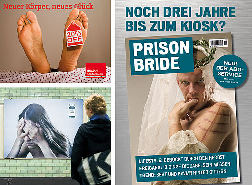 Deutsch – Bildbeschreibung (SEO / Metadaten) Plakatkombination im U-Bahnhof Samariterstraße als Teil des Kunstprojekts „Ey Werbung, was ist los?“. Links oben ist der Schriftzug „Neuer Körper, neues Glück – Human Resources“ zu sehen, ergänzt durch die Darstellung zweier Leichenfüße mit angehängtem Schild. Darunter eine Frau mit einer spritzbaren Portion „Frozen“, die enttäuscht blickt. Rechts daneben ein weiteres Plakat mit der Aufschrift „Noch drei Jahre bis zum Kiosk“. Beworben wird das fiktive Magazin Prison Bride, dessen Motive gezielt im Umfeld eines Zeitungskiosks platziert wurden und so reale Nachfrage und Irritation erzeugten. ⸻ English – Image description (SEO / metadata) Poster combination at Samariterstraße underground station in Berlin, part of the art project “Ey Werbung, what’s going on?”. The left panel reads “New body, new happiness – Human Resources” and shows two corpse feet with attached tags. Below, a disappointed woman holds an injectable portion labeled “Frozen”. To the right, another poster states “Three more years until the kiosk”. The visuals promote the fictional magazine Prison Bride, deliberately placed near a newsstand, creating real-world confusion and inquiries as part of the experimental advertising intervention.