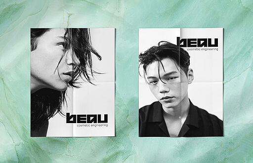 Beau – German Quality Skincare für asiatische Männer. Auf dem Bild: ein asiatischer Mann mit gepflegtem, klarem Look neben der Beau-Verpackung. Minimalistisches Design, cleanes Branding, hochwertiger Eindruck – modern, seriös, premium.