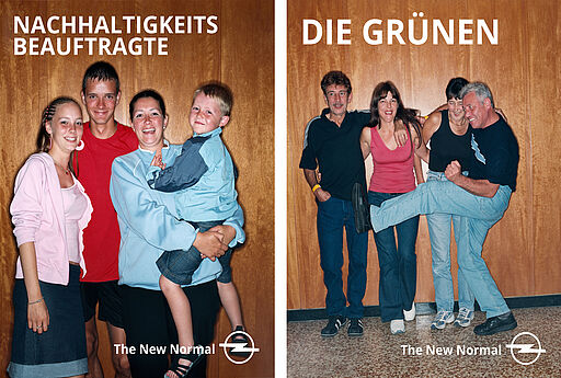 Deutsch – Bildbeschreibung (SEO / Google-Kampagne) Doppelmotiv aus der Kampagne „The New Normal“ für Opel. Zwei nebeneinander platzierte Fotografien zeigen jeweils eine ganz normale Familie. Über dem linken Motiv steht der Schriftzug „Nachhaltigkeitsbeauftragte“, über dem rechten Motiv „Die Grünen“. Die bewusst gebrochenen Zuschreibungen kontrastieren mit der bürgerlichen Alltagssituation und erzeugen einen humorvollen Perspektivwechsel zur Elektromobilität. ⸻ English – Image description (SEO / Google campaign) Dual visual from the “The New Normal” campaign for Opel. Two side-by-side photographs show ordinary families in everyday settings. The left image is captioned “Nachhaltigkeitsbeauftragte”, the right “Die Grünen”. The contrast between the labels and the visual reality creates a humorous shift in perspective, reframing electric mobility as part of everyday life.